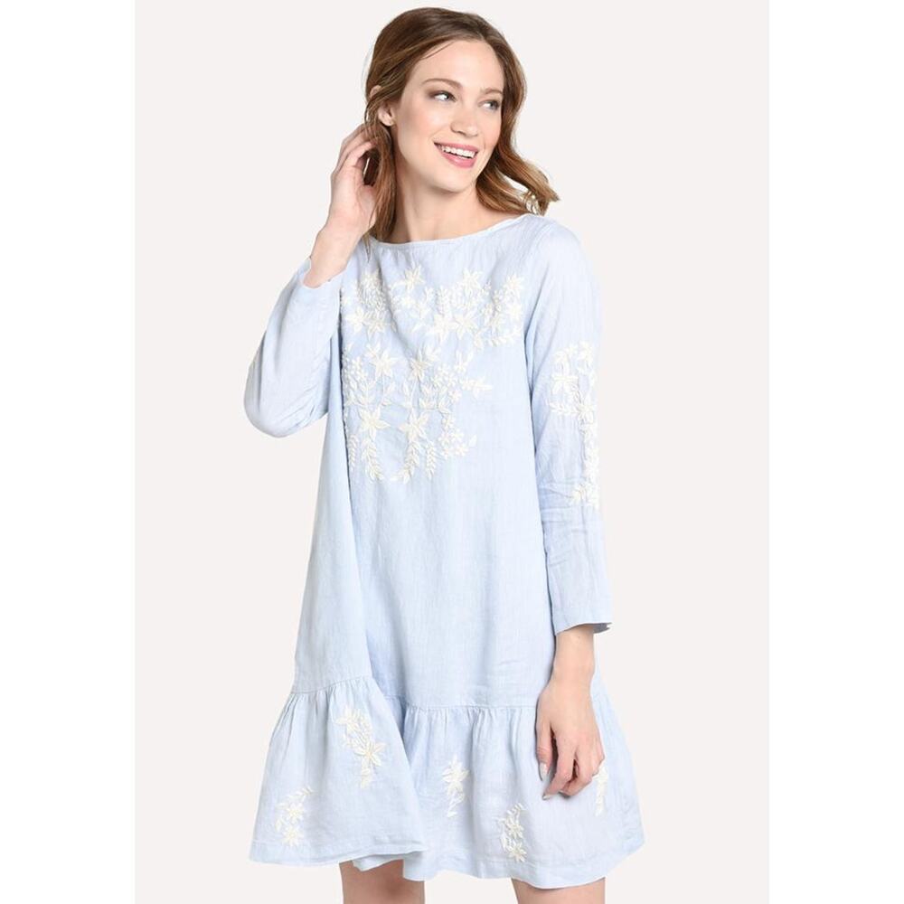Roller Rabbit Women's Pale Blue Embroidered Ebonie Dress Mini Size XS Linen